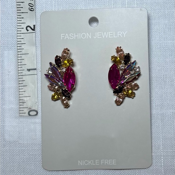 Multicolor Crystal Statement Stud Earrings Pink Yellow Rhinestone Cluster - Picture 3 of 5